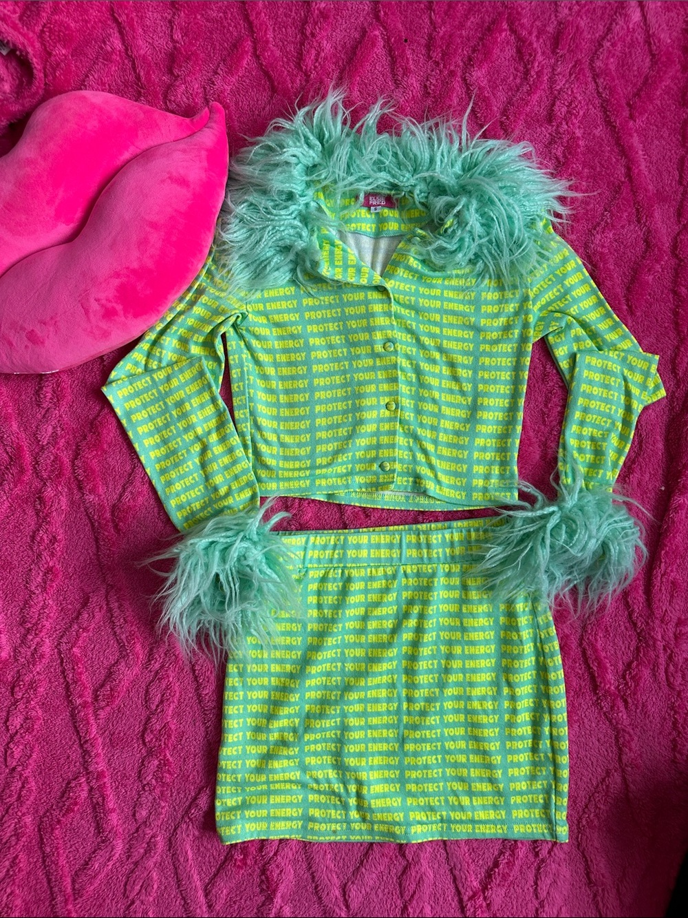 Elsie and Fred neon protect your energy faux fur 2 piece set